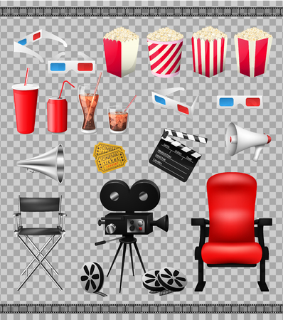 Big set of collection elements of cinema isolated on transparent background vector illustration. Composition poster postcard with retro camera director,3D-glasses, when ticket, popcorn.のイラスト素材