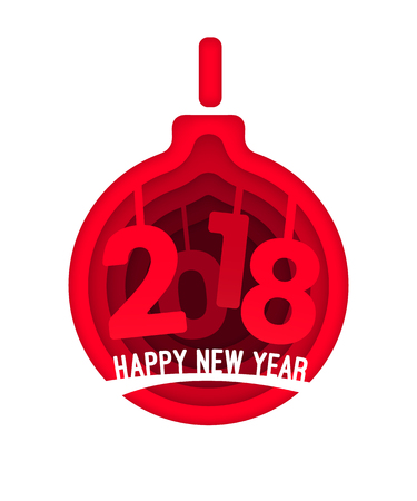 Paper art design carving style design concept Christmas ball with figures 2018 years for Christmas Postcard, festive greetings card, poster brochure. Happy New Year. Vector Illustration Isolated.のイラスト素材