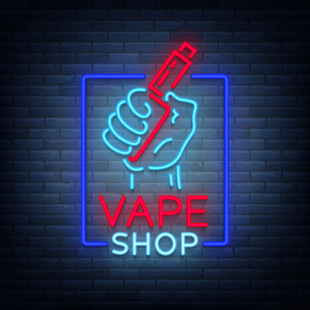 Vape shop neon icon, logo isolated Vector illustration. Neon sign, a night glowing banner selling electronic cigarettesのイラスト素材