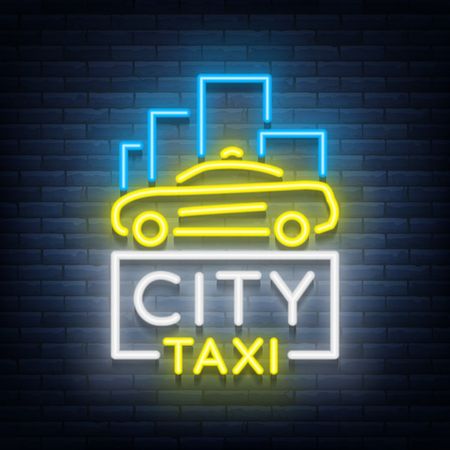 City taxi neon logos concept template. Luminous signboard on the theme of transportation of passengers. Neon signs, light night banner. Vector illustrationのイラスト素材