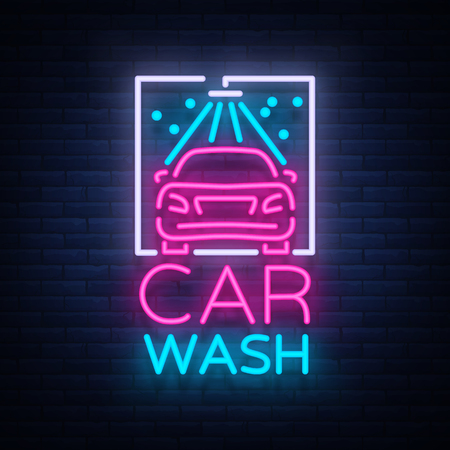 Car wash logo design emblem in neon style vector illustration. Template, concept, luminous sign on the theme of washing cars.のイラスト素材