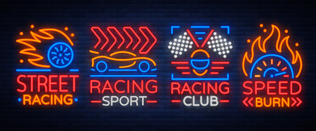 Racing neon logos pattern. A glowing sign on the theme of the races. Neon signs, light night banner. Vector illustration.のイラスト素材