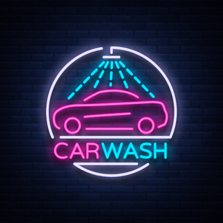 Car wash logo design emblem in neon style vector illustration. Template, concept, luminous sign on the theme of washing cars.のイラスト素材