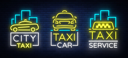 Taxi car design neon glowing logos set concept template. Luminous signboard on the theme of transportation of passengers. Neon signs, light night banner. Vector illustrationのイラスト素材