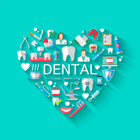 Dental Banner Background Concept With Flat Icons Isolated. Vector Illustration, Dentistry, Orthodontics. Healthy clean teeth. Dental instruments and equipment. Illustration for your projects