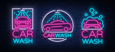 Car wash logo set vector design in neon style vector illustration isolated. Template, concept, luminous signboard icon on a car wash theme. Luminous banner.のイラスト素材