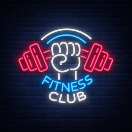 Fitness, gym logo sign in neon style isolated, vector illustration.のイラスト素材