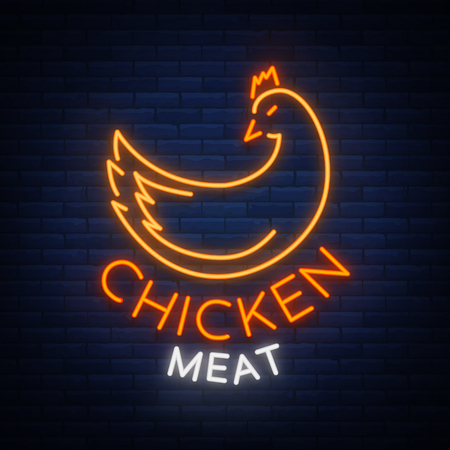 Logo Chicken meat, emblem, sign in neon style isolated, vector illustration. Neon banner, bright neon sign, glowing night advertisement, chicken meat, barbecue, grill.のイラスト素材