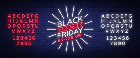 Black Friday sale neon sign, neon banner, background brochure. Glowing neon sign, bright glowing advertising, sales discounts Black Friday. Vector illustration. Editing text neon sign.のイラスト素材