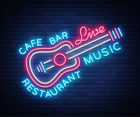 Live music neon sign for live music festival, music bars, karaoke and night clubs. Template for flyers, banners, invitations, brochures and covers.のイラスト素材