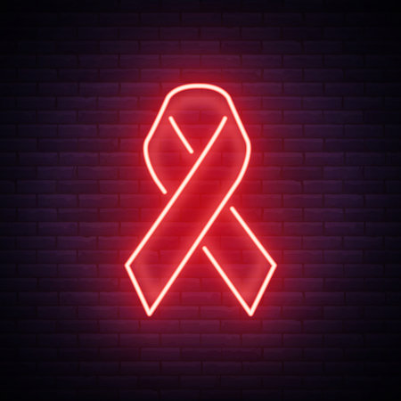 World AIDS Day, Red ribbon for HIV infection from HIV. Vector illustration in a neon style. Neon sign, a symbol for your projects.のイラスト素材