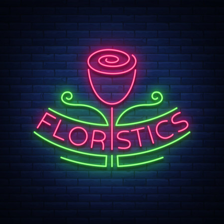 Vector logo flower shop, florist, neon emblem sign logo. Template design element for business, flower delivery, gardening, floristのイラスト素材