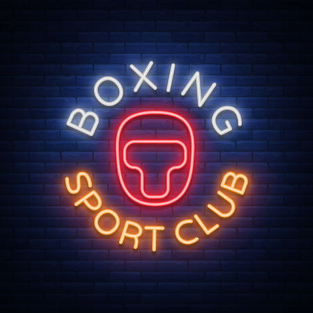 Boxing sports club logo sign in neon style, vector illustration. Emblem, a symbol for a sports facility on a boxing theme. Neon banner, bright nightlife advertisement.のイラスト素材