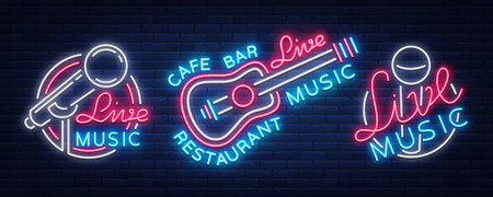 Live music set of neon signs vector icon, poster, emblem for live music festivals and more. Collection of templates for flyers, banners, invitations, brochures and covers.のイラスト素材