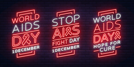 World AIDS Day, December 1, a set of banners, neon-style posters. Vector Awareness Awareness Concept. Design with text, luminous banner.のイラスト素材