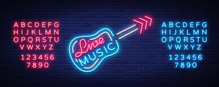 Live music neon sign vector, poster, emblem for live music festival, music bars, karaoke, night clubs. Template for flyers, banners, invitations, brochures and covers. Editing text neon sign.のイラスト素材
