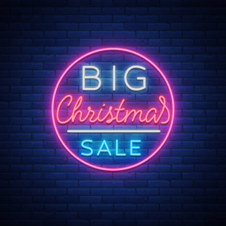 Christmas sale discounts, card postcard in neon style. Neon sign, bright poster, luminous night advertising Christmas sales. Vector illustration.のイラスト素材