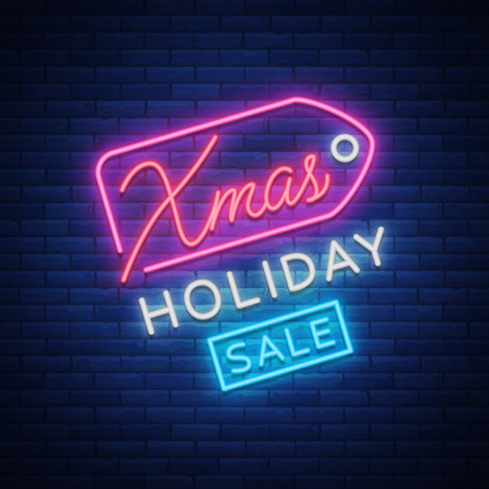 Christmas sales, neon sign, advertising bright festive discounts. New Year card sale, light banner. Xmas Winter Discounts, Flyer Flyer for your projects. Vector illustration.のイラスト素材