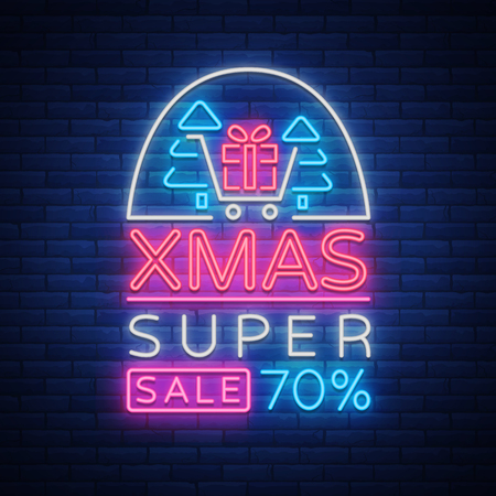 Xmas sale, christmas discount poster, flyer card in neon style. New year discount neon design text. Festive winter sale, neon sign, bright advertising banner, luminous sign. Vector illustrationのイラスト素材