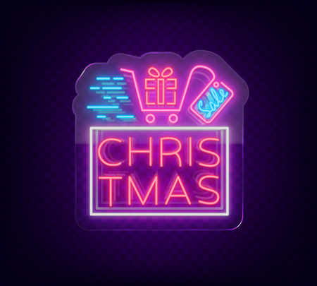 Xmas sale, christmas discount poster, flyer card in neon style. New year discount neon design text. Festive winter sale, bright advertising banner. Neon sign on transparent glass. Vector illustrationのイラスト素材