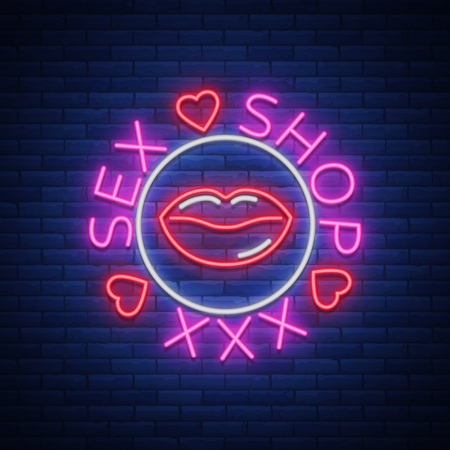 Sex shop logo, emblem in neon style. Neon effect, grocery store, intimate items. Vector illustration. Bright night banner, luminous sign, night sex advertising shopのイラスト素材
