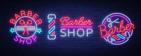 Barber shop set collection logo neon sign, logo. Can be used as a header or template for logos, labels, cards. Neon Sign Board, Bright Lighting Advertising Hairdressing. Vector illustrationのイラスト素材