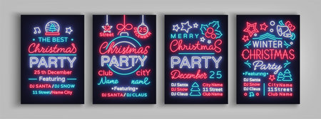 Christmas party collection of invitation templates, brochures, posters. Merry Christmas, set of holiday cards in neon style. Postcard, flyer bright sacred banner advertising for your holiday projectsのイラスト素材