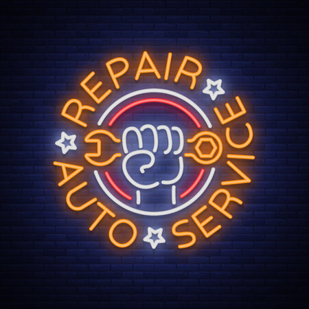 Auto service repair logo in neon style. Neon sign, a symbol on the topic of repairing cars. Emblem, bright banner, shiny sign, night non-neon bright advertising of auto repair. Vector illustration.のイラスト素材
