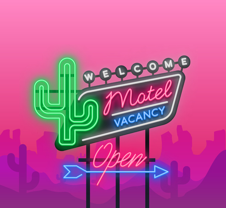 Motel is a light billboard. Neon signboard with Motel advertisement, retro signboard, bright luminous banner, neon sign, neon billboard for your projects. Vector illustration.のイラスト素材