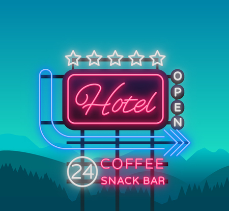 Hotel is a neon sign. Vector illustration. Retro signboard, billboard indicating the hotel, nightlight bright neon advertising of the hotel, luminous billboard, a bright banner for your projects.のイラスト素材
