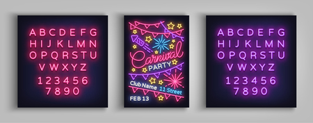 Carnival party poster in neon style. Neon sign, design template, brochure, night light poster. Bright neon advertising for carnival, masquerade, party. Vector illustration. Editing text neon signのイラスト素材