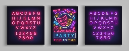 Carnival party poster in neon style. Neon sign, design template, brochure, night light poster. Bright neon advertising for carnival, masquerade, party. Vector illustration. Editing text neon sign.のイラスト素材