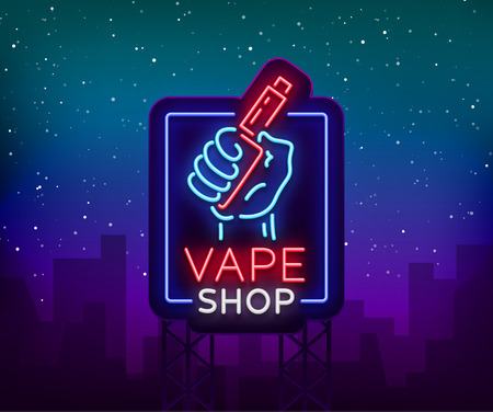 Vape shop neon sign, billboard vector illustration. Neon sign, a night glowing banner selling electronic cigarettes, night advertising vape store.のイラスト素材
