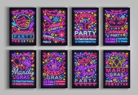Mardi Gras, Carnival collection of posters design a template in a neon style. Set neon signs, brochure, invitation to a party card, bright advertising fat Tuesday. Flyer, banner. Vector illustration.のイラスト素材