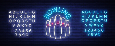 Bowling logo vector. Neon sign, symbol, bright banner advertising bright night bowling, luminous neon billboard. Design template for the Bowling Club logo. Vector illustration. Editing text neon sign.のイラスト素材