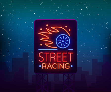Street racing billboard logo emblem template vector icon in neon style. A glowing sign on the theme of the races. Neon sign, light banner.のイラスト素材