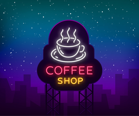 Coffee neon sign icon vector illustration, emblem in neon style. Bright night sign, night advertisement of coffee. Billboard illustration.のイラスト素材