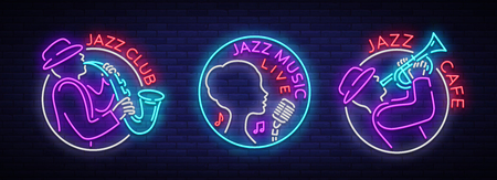 Jazz music collection of logos in neon style.のイラスト素材