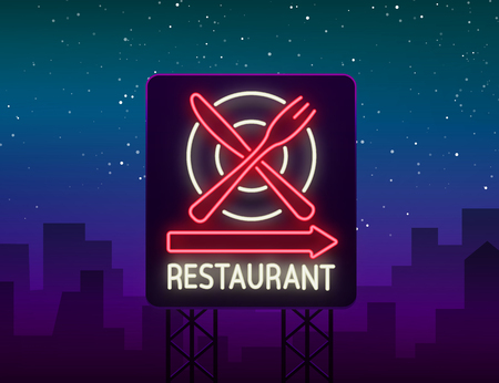 Glowing neon advertisement of restaurant, cafe snack bar and other institutions.のイラスト素材