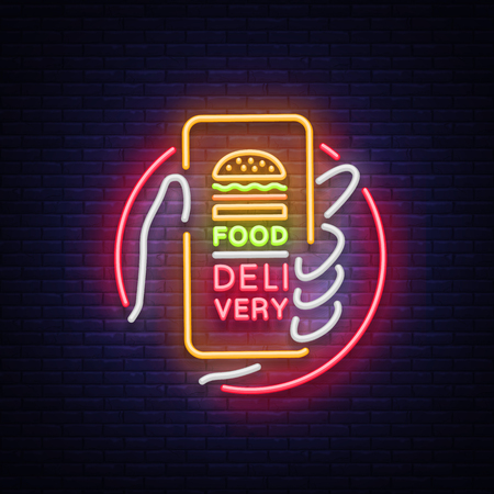 Food Delivery neon sign. Smartphone in hands, ordering food through smartphone, symbol in neon style, light banner, bright night neon advertising food delivery. Design template. Vector illustration.のイラスト素材