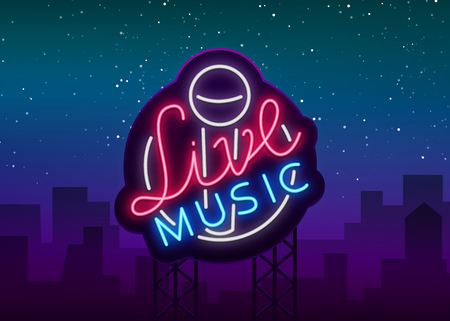 Live musical neon sign, logo, emblem, symbol poster with microphone. illustration. Neon bright sign, Nightlife club advertising, karaoke and other institutions with music.のイラスト素材