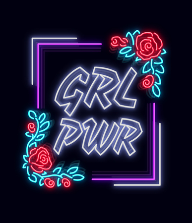 Rock print and slogan vector. Girl Power For T-shirt or other purposes. Symbol of feminism for printing in a neon style. Neon sign Retro style. Womens fashion slogan.のイラスト素材