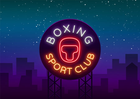 Boxing sports club icon sign in neon style, vector illustration. Emblem, a symbol for a sports facility on a boxing theme. Neon banner, bright nightlife advertisement.のイラスト素材