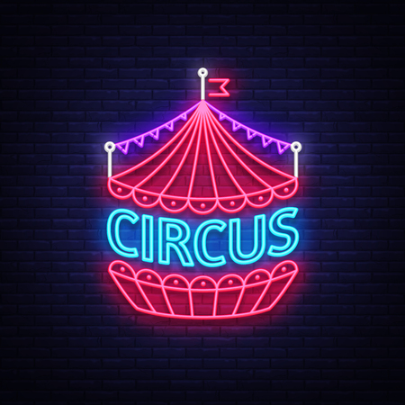 Circus neon sign. Design template, neon style logo, circus tent symbol, neon banner, bright nightlife circus show, magic show, design element. Vector illustration.のイラスト素材