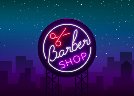 Barber shop icon with scissors, a neon sign for a hairdresser and barbershop. Emblem, neon style label. Bright advertising billboard advertising banner, luminous banner. Vector illustration. Billboardのイラスト素材