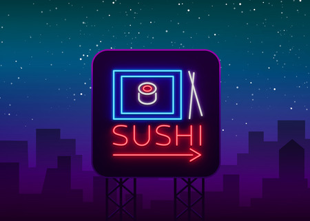 Sushi logo in neon style. Bright neon sign with text is isolated. Seafood, Japanese food. Bright billboard billboard, restaurant advertising bar of Japanese food sushi.のイラスト素材
