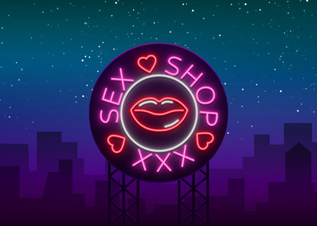 Sex shop logo emblem in neon style Vector illustration.のイラスト素材