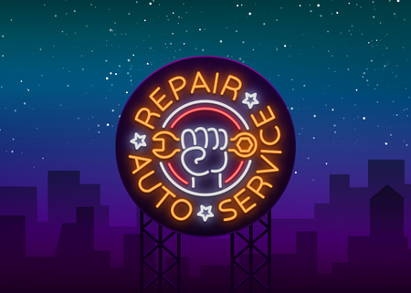 Auto service repair logo in neon style. Neon sign, a symbol on the topic of repairing cars.のイラスト素材