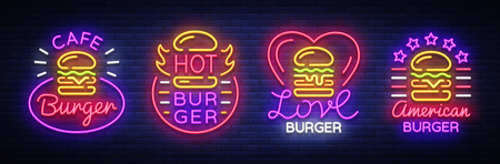 Burger Cafe set of neon signs vector illustration.のイラスト素材