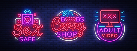 Sex shop neon signs collection. Sex Industry is the concept of neon adult logos. Neon sign, design element. Intimate store, Adult videos, Boobs. Bright nightly advertising. Vector illustration.のイラスト素材